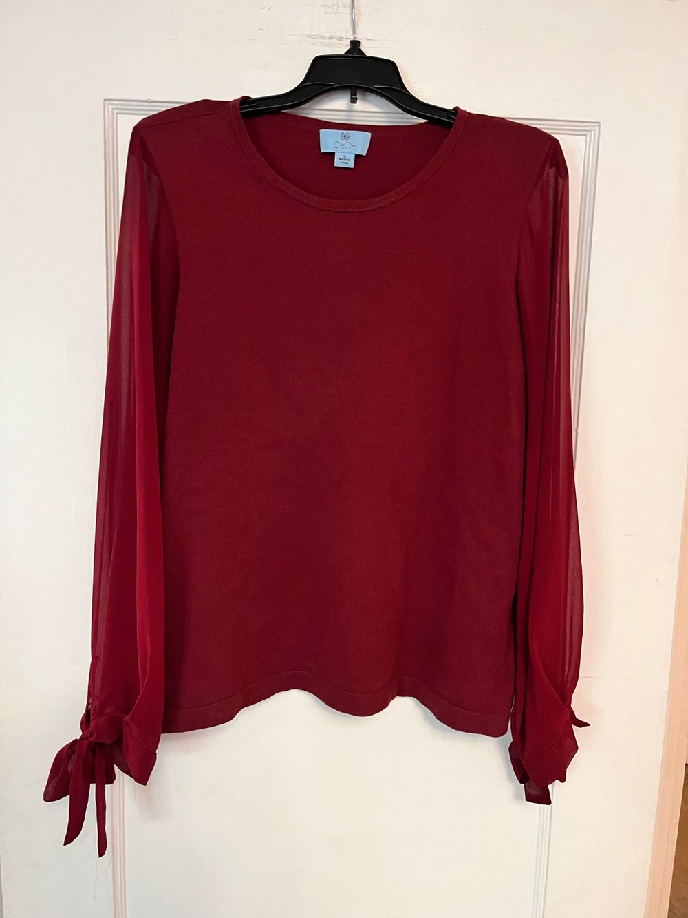 CeCe Bright Burgundy Long-Sleeve Sheet Tie Cuff Blouse